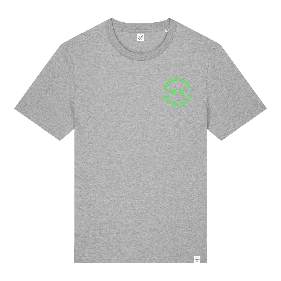 Hellgraues Golf T-Shirt mit neongrünem Print "Monday Hater Weekend Golfer" von NO. 18