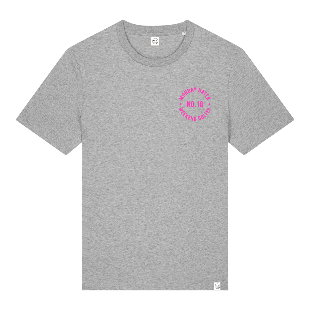 Hellgraues Golf T-Shirt mit Neonpink-Print "Monday Hater Weekend Golfer" von NO. 18
